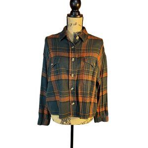 American Eagle Womens L Fall Plaid Button Down Shacket Rust Hunter Green